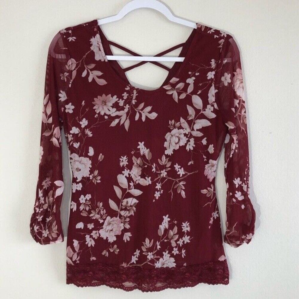 No Boundaries Juniors Size Medium 7-9 Red Mesh Lace Blouse Floral Ruched Sleeves